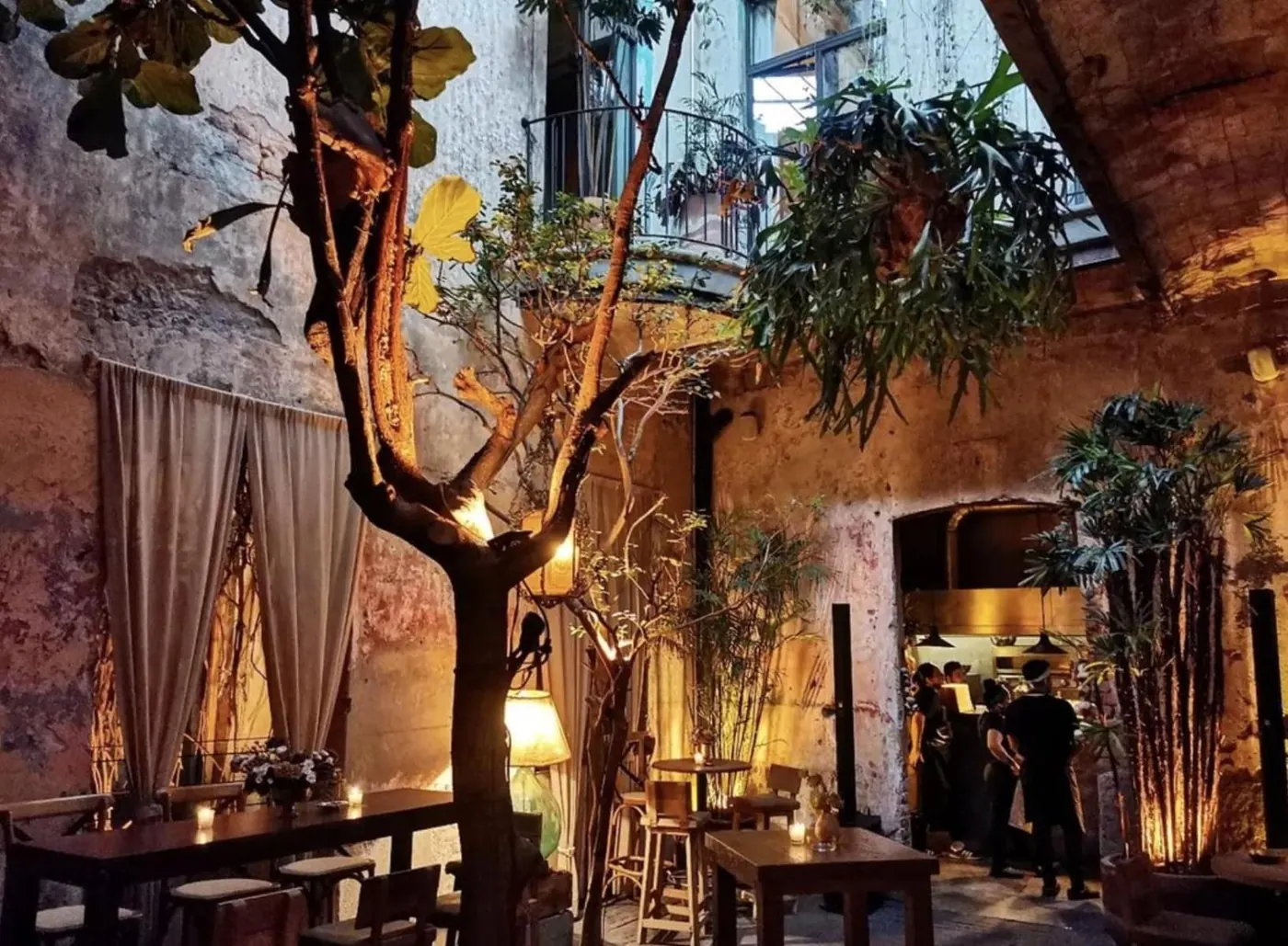The courtyard at Jardín Prim, lit at night