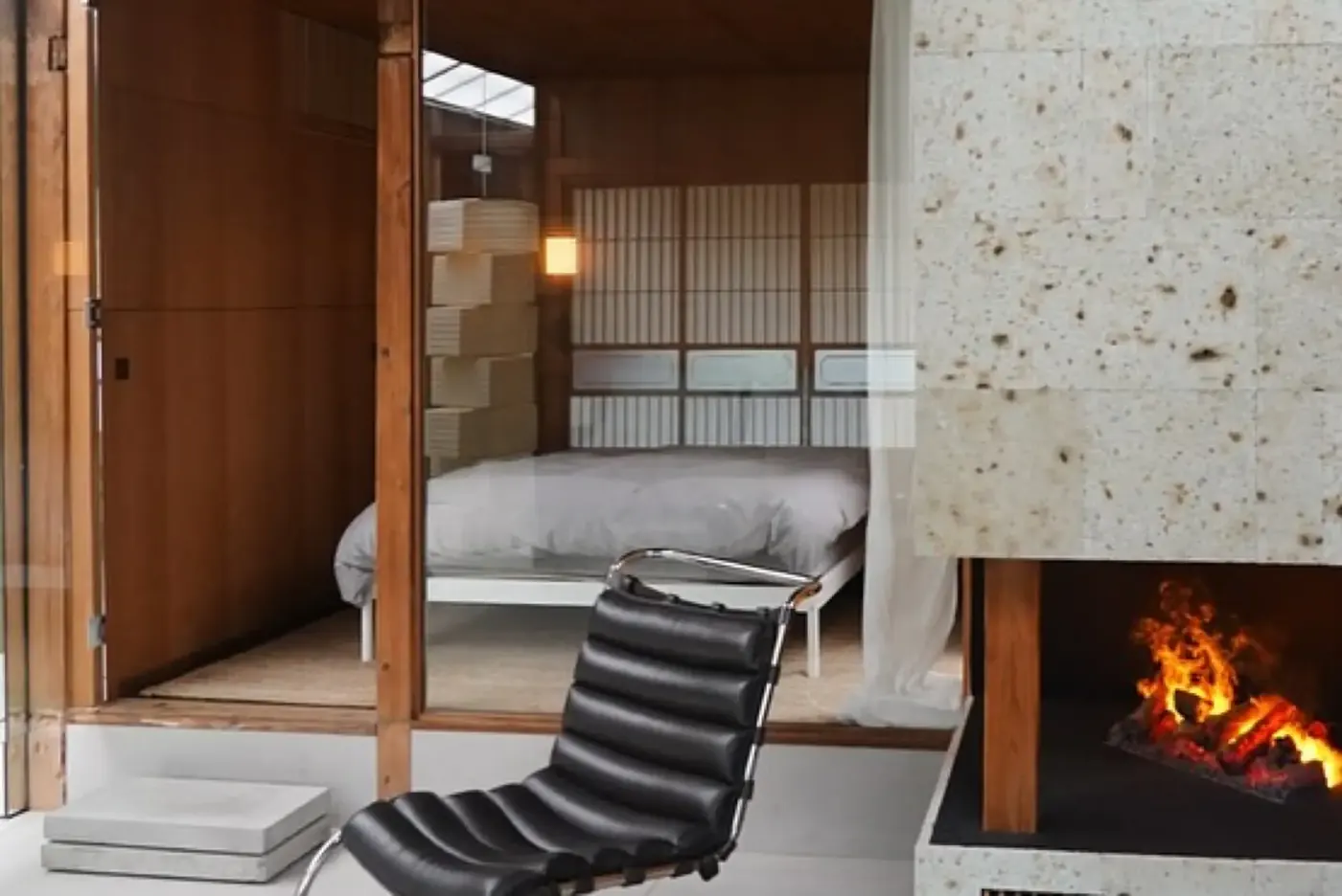 The interior of Kamimeguro Kominka, with its fireplace